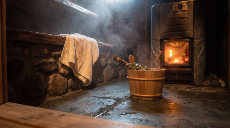 A birch whisk in a wooden bucket on wet slate, a towel left on the bench.
