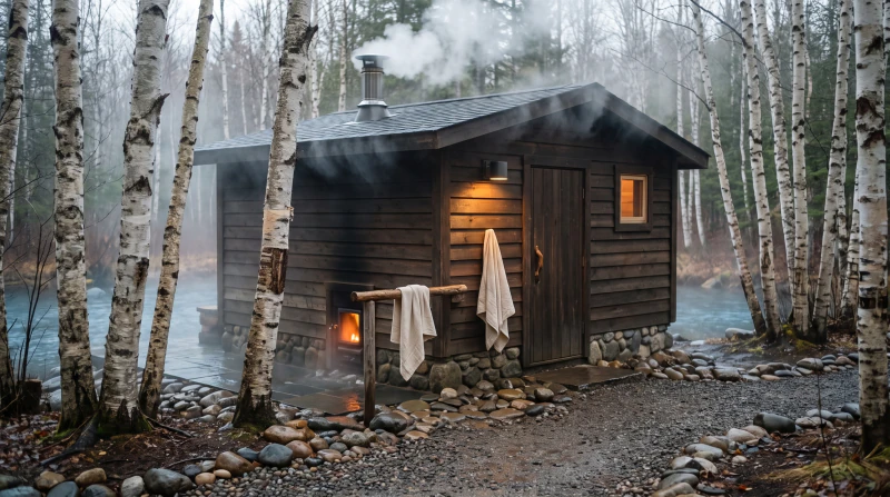 A dark timber bathhouse among birch trees with steam rising from a vent.