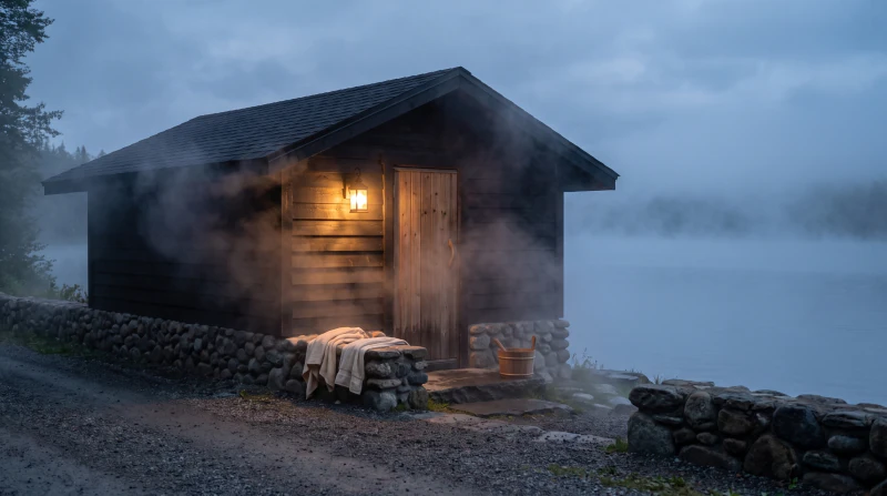A low timber bathhouse by the water at dusk, a lantern lit by the door.