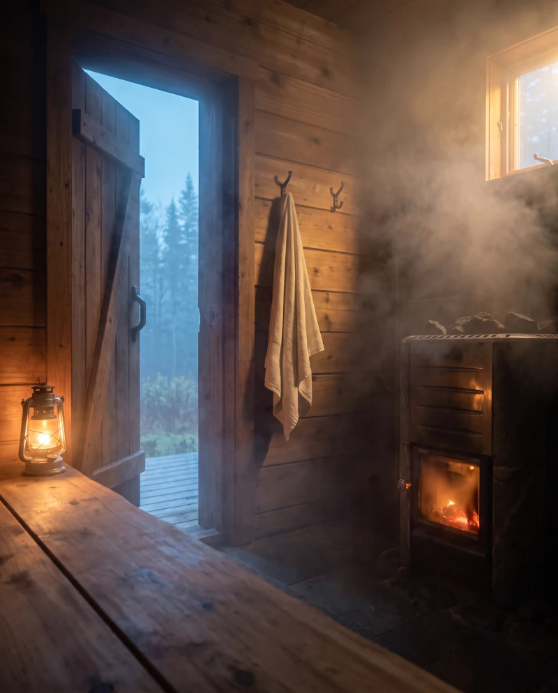 The door standing open onto the mist, a lantern lit beside it and a towel on the hook.
