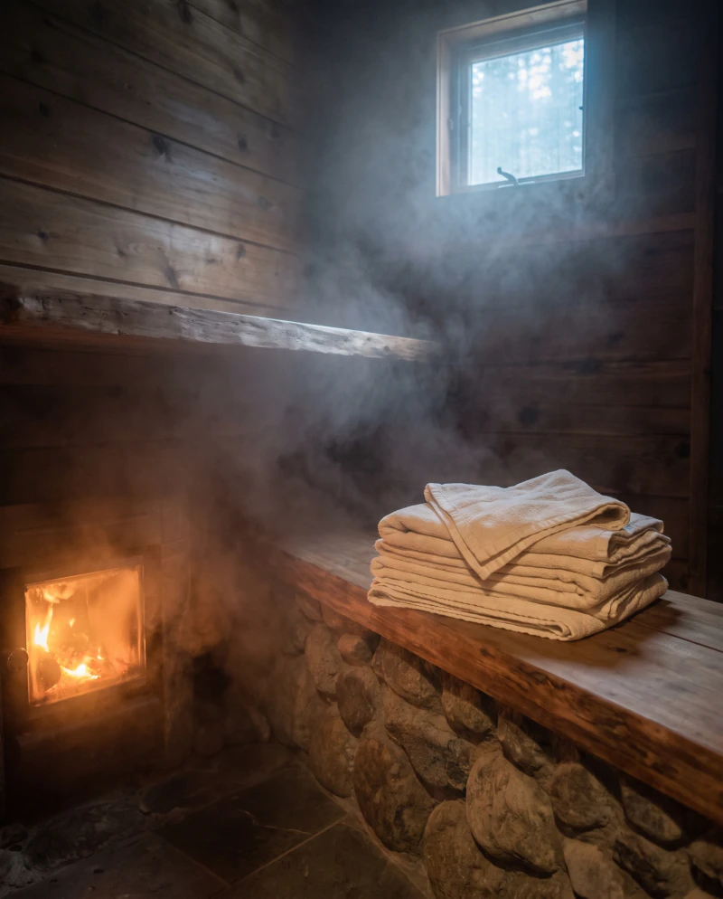 Folded linen on the cedar bench, the stove lit low beside it.