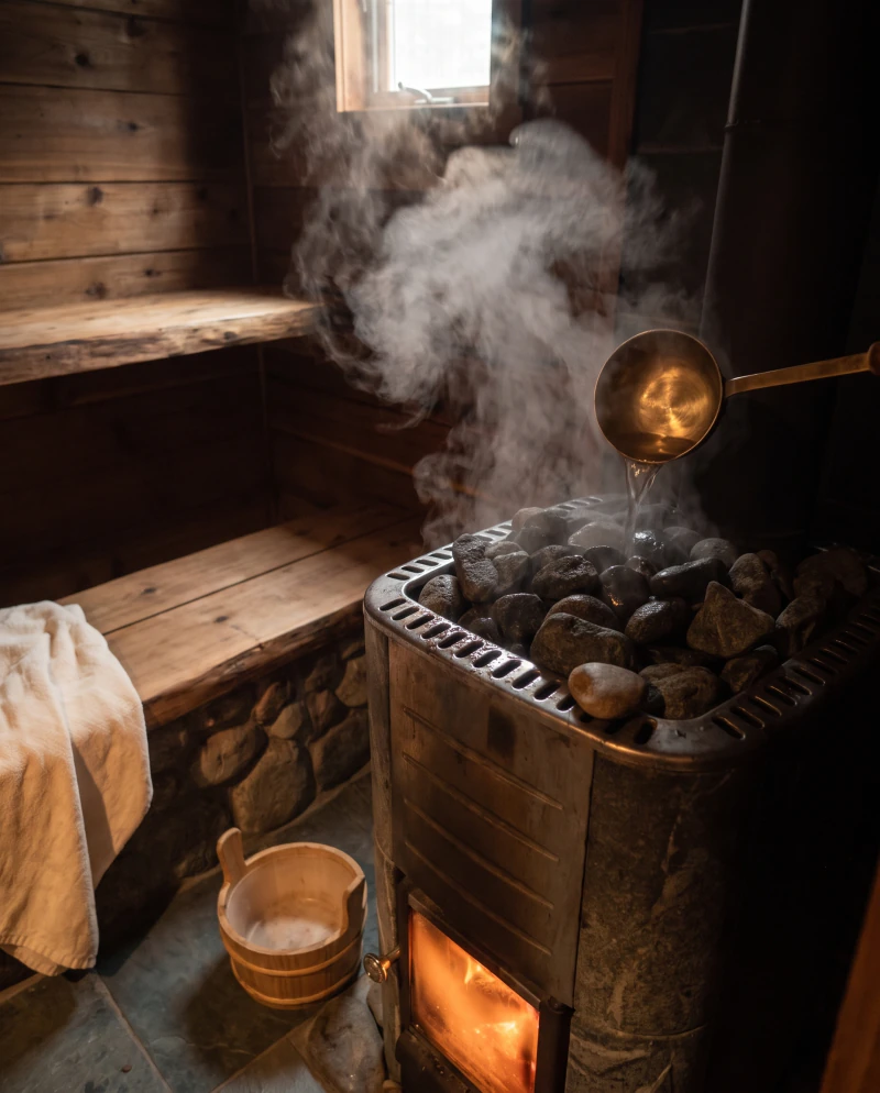River stones on the stove, a ladle tipping water onto them, steam lifting.