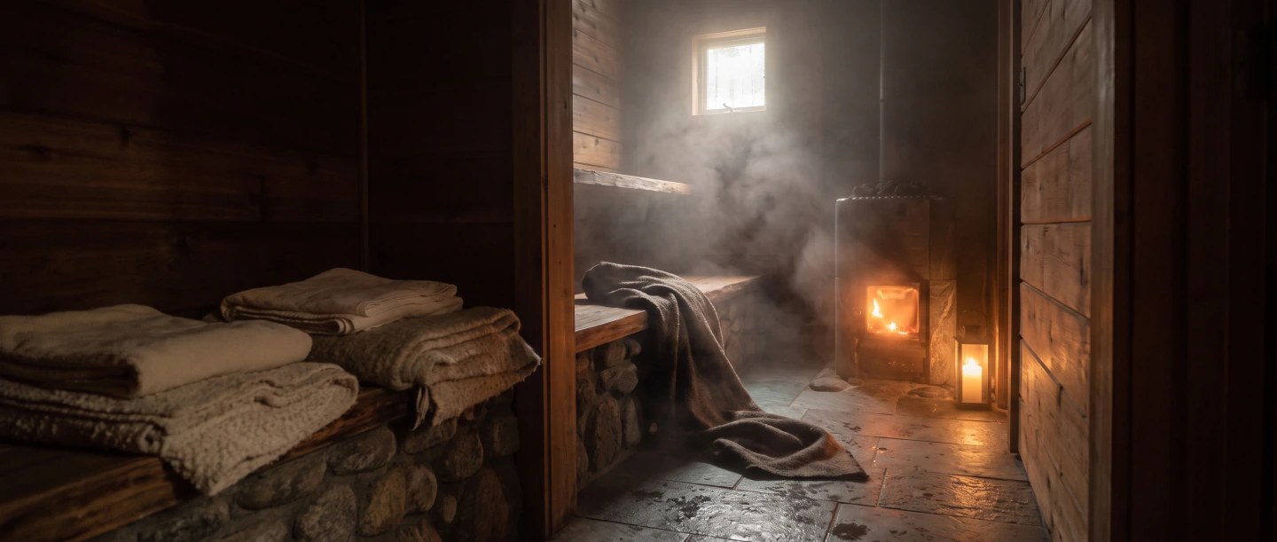 The passage between the rooms, blankets on the bench and a lantern lit at the end.