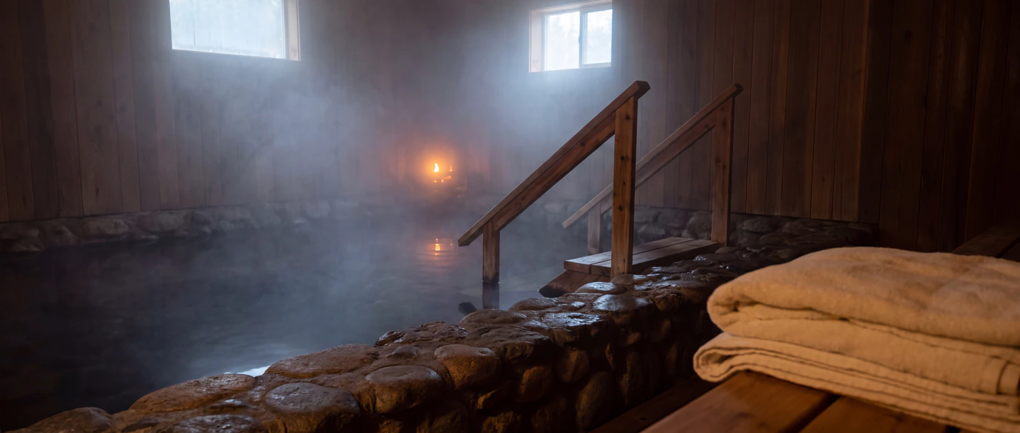A cold pool with mist on the water and a wooden step leading in.