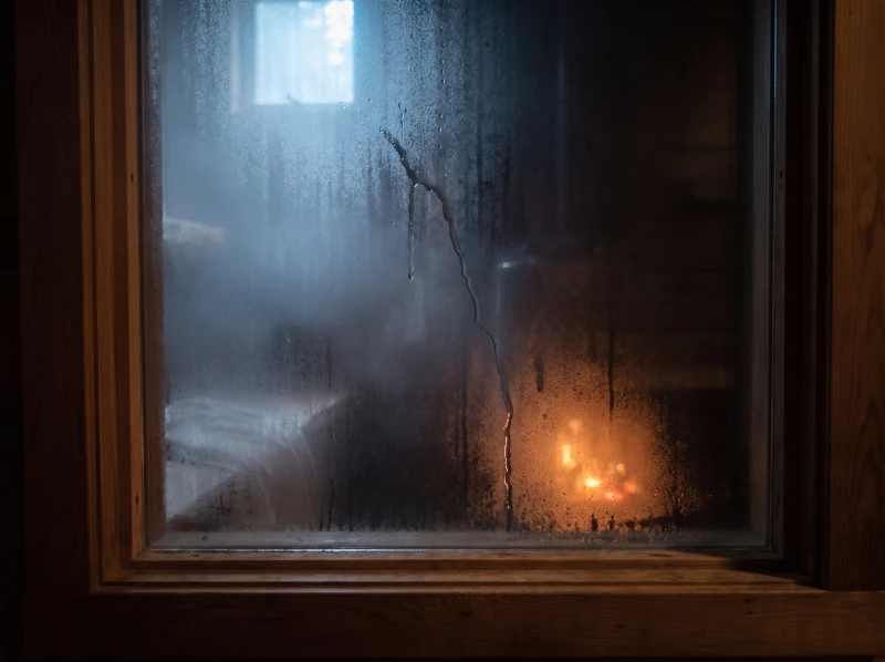 Condensation on the window, one water trail down the glass, the stove glowing behind it.