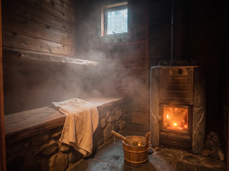 Cedar benches around a lit wood stove, a bucket and ladle on the floor.
