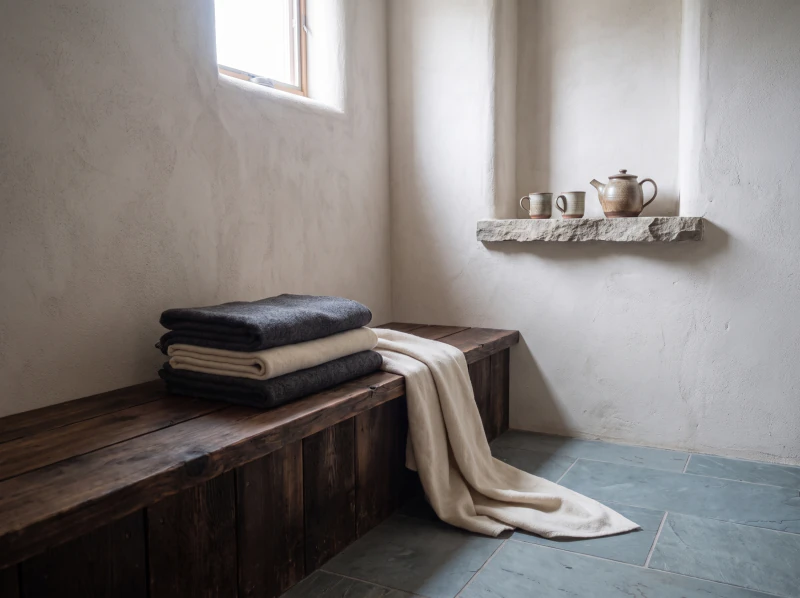 A quiet room with wool blankets on a bench and tea set out on a shelf.