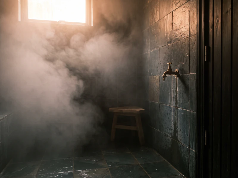 A tiled steam room with a cold tap by the door and a stool in the mist.