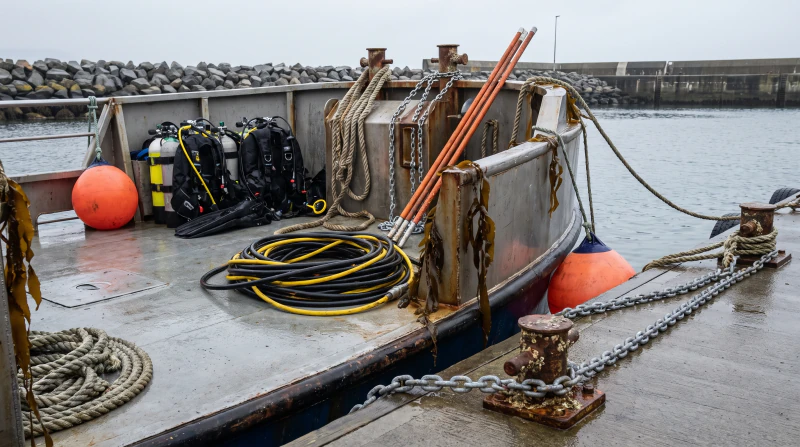 Dive gear and a coiled umbilical stowed on a workboat deck