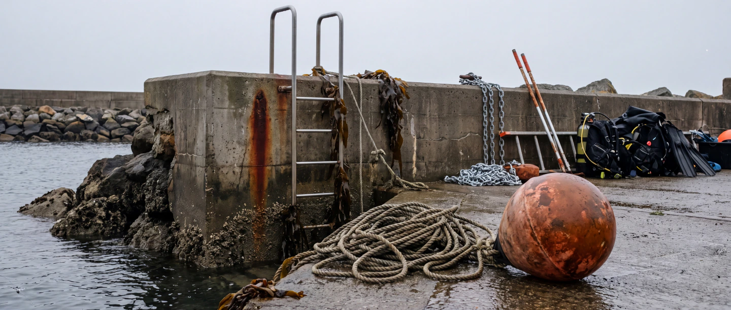 A harbour wall with an iron ladder and a coil of rope at half tide