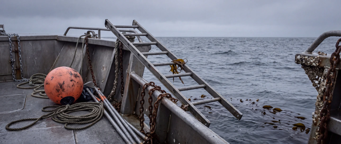 A dive ladder over the side of a workboat on grey water