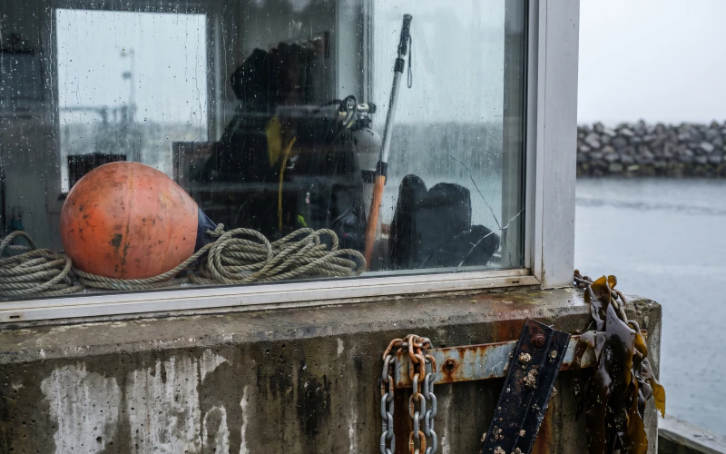 A harbour office window with an orange float on the sill