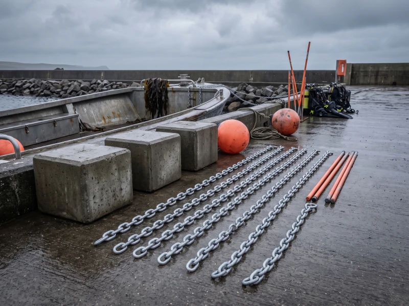 Concrete mooring sinkers and new chain laid out on a slipway