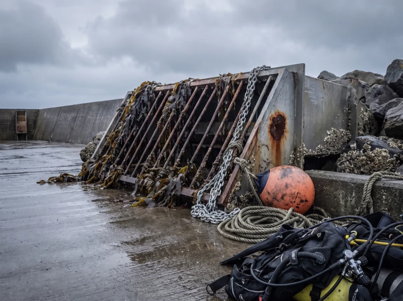 An outfall grating and diffuser exposed at low water