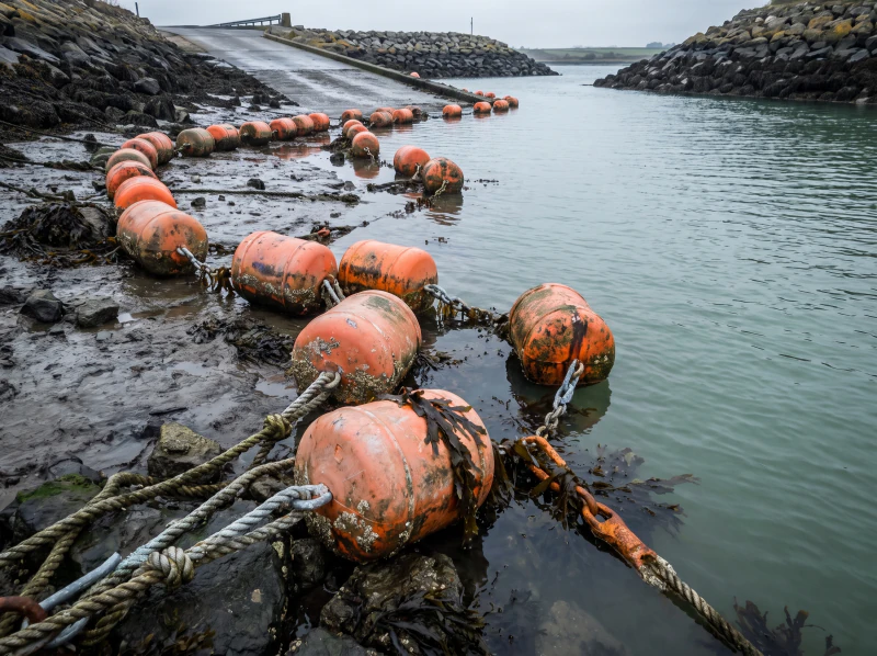 Trot mooring floats in a line along a narrow muddy creek