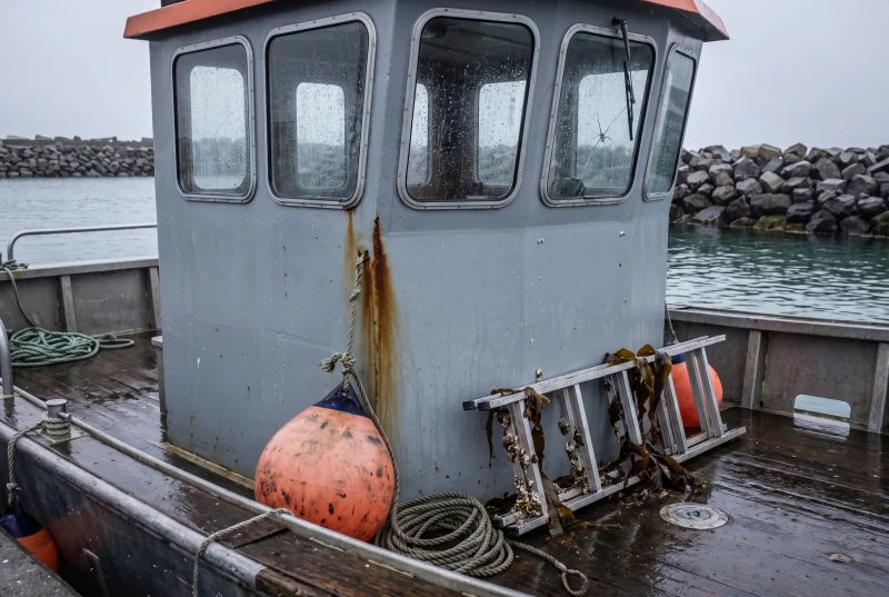The wheelhouse of a workboat seen from the wet deck, rain on the glass