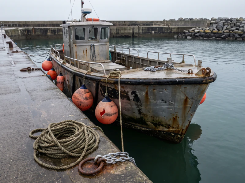A workboat alongside a harbour wall at slack water, fenders down