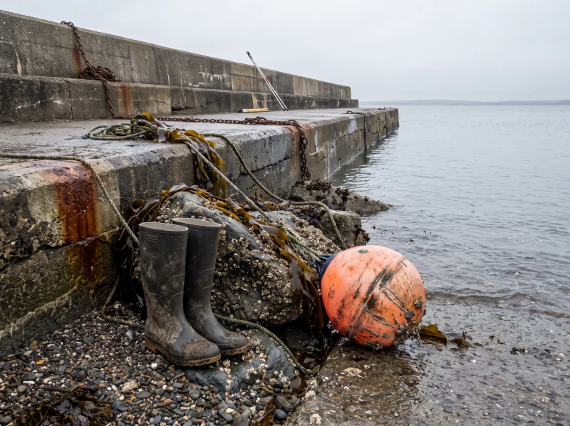 Wet shingle beside a harbour wall at low water