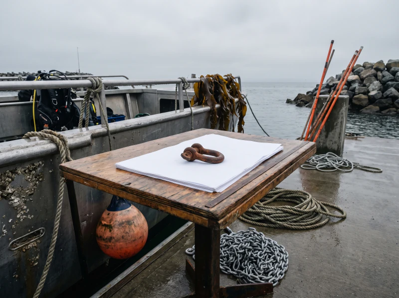 A drawing board weighted with a shackle on a boat table