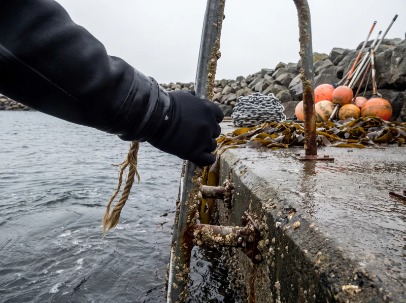 A gloved hand on a dive ladder at the side of a boat