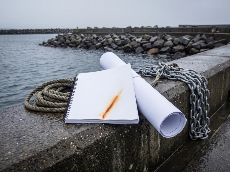 A bound report and a rolled drawing on a harbour wall