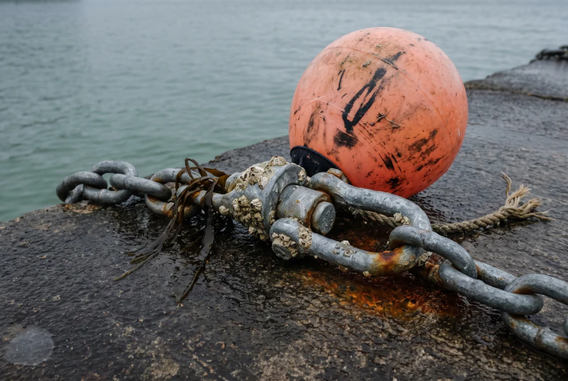 A mooring swivel and shackle on wet chain across a slipway
