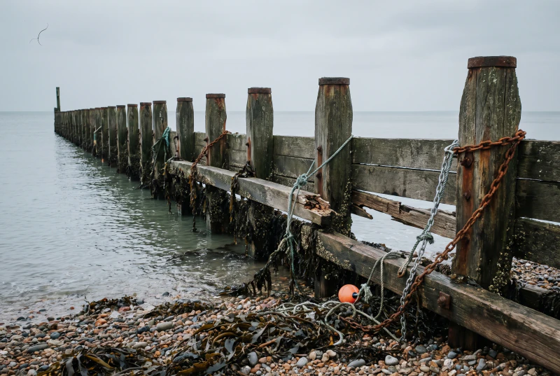 Timber groyne posts running out into flat grey water at low tide