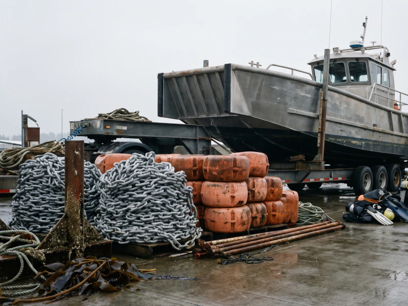 A workboat on a trailer beside coiled chain and stacked floats