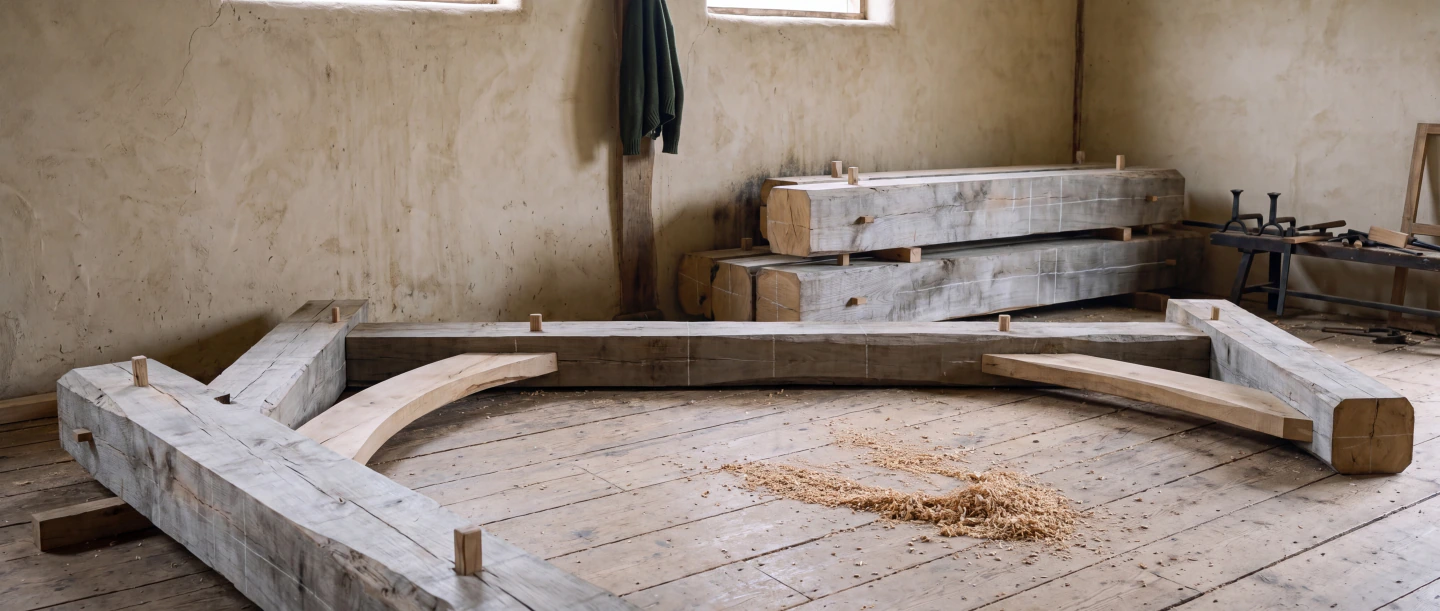 A framing yard with a bay of green oak laid out on the floor and timber stacked behind