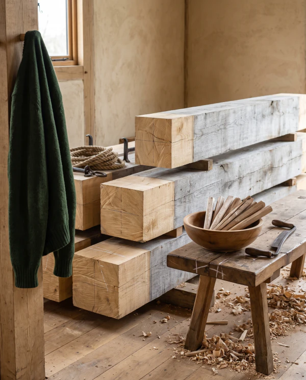Riven oak pegs standing in a bowl on the bench, a drawknife beside them