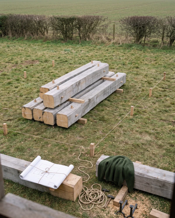 A plot pegged and strung out on rough grass, the oak stacked and a rolled drawing waiting on a block