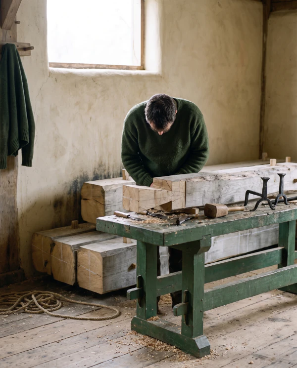 A framer at the bench, turned toward the joint they are cutting