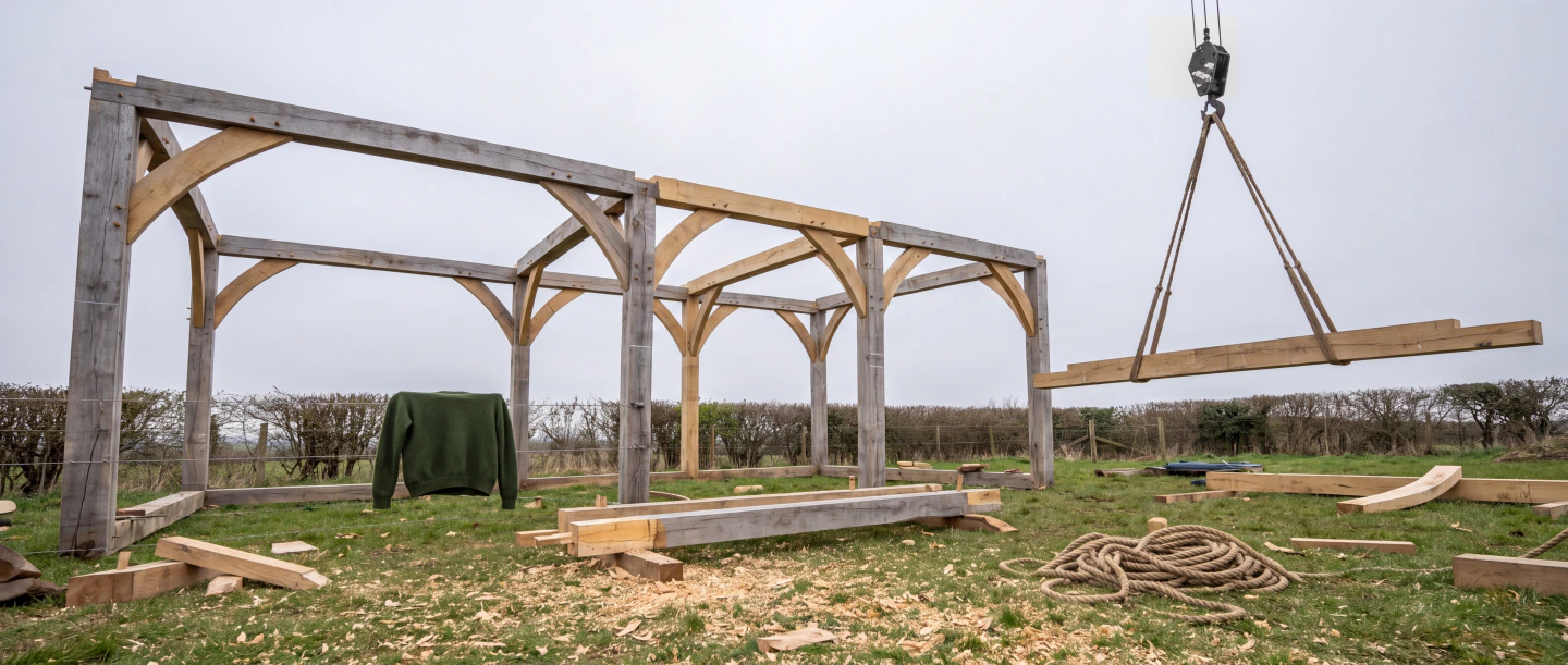 Three bays of green oak frame standing newly raised in a field, the last tie beam still in its slings