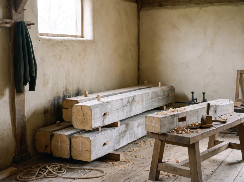A framing bench with a mortise half cut, a mallet and chisel resting beside it