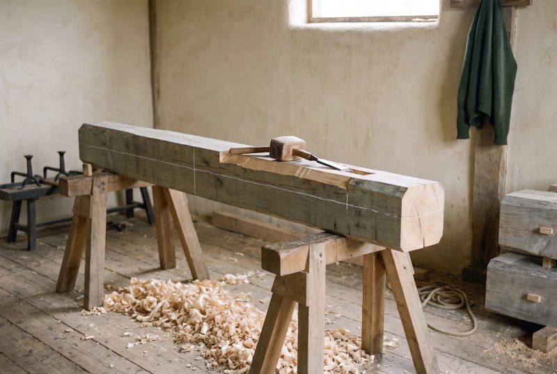 A tie beam on trestles with a mortise half cut, the mallet and chisel left in the cut