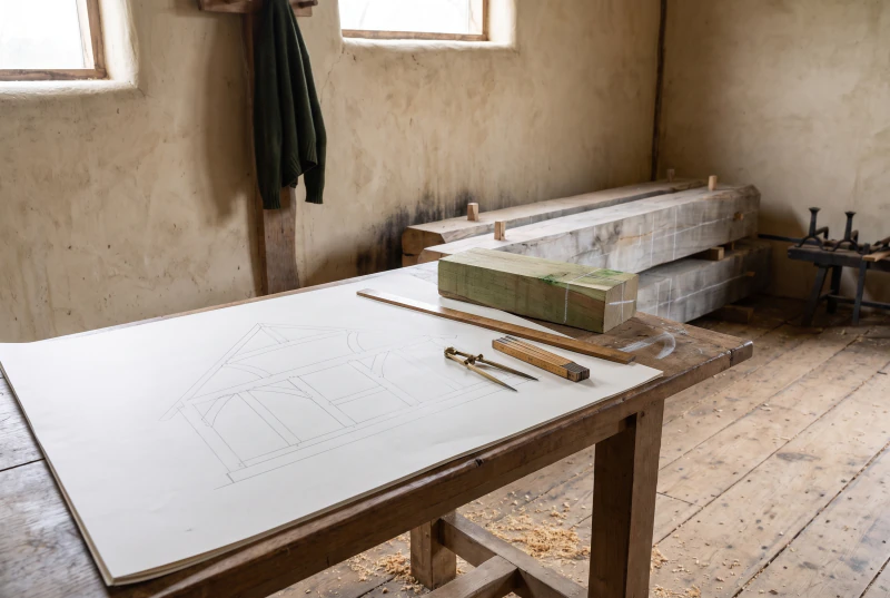 A frame drawn in pencil on the bench, a rule and dividers resting on the sheet