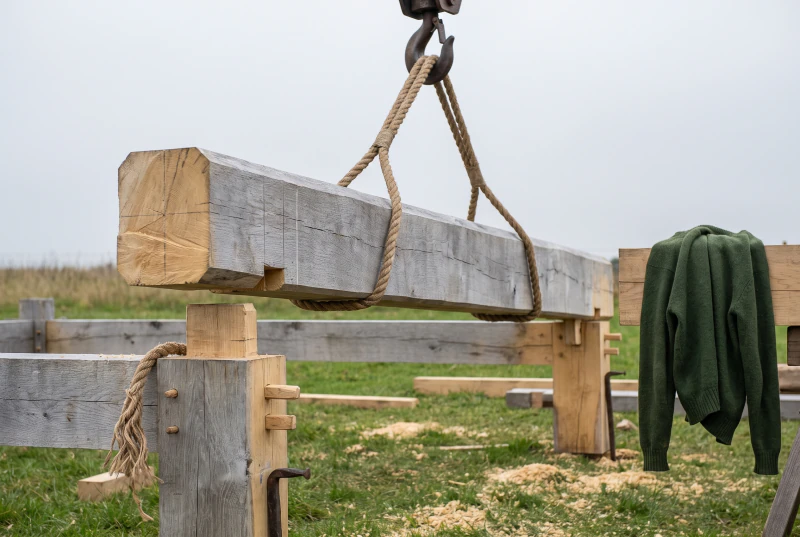 A tie beam hanging in hemp slings from a crane hook, coming down onto two raised posts