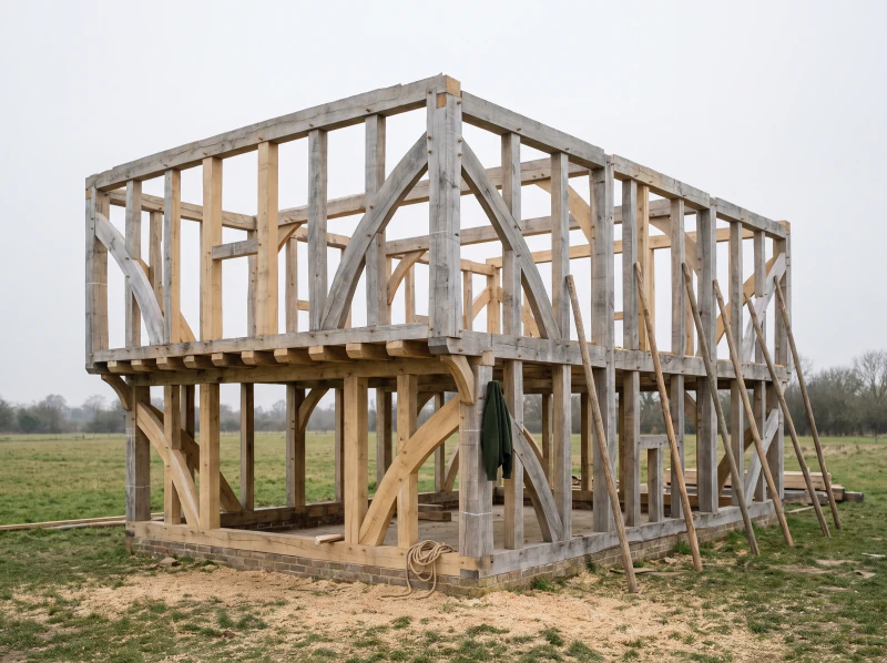 A green oak house frame with a jettied upper floor, seen from the corner