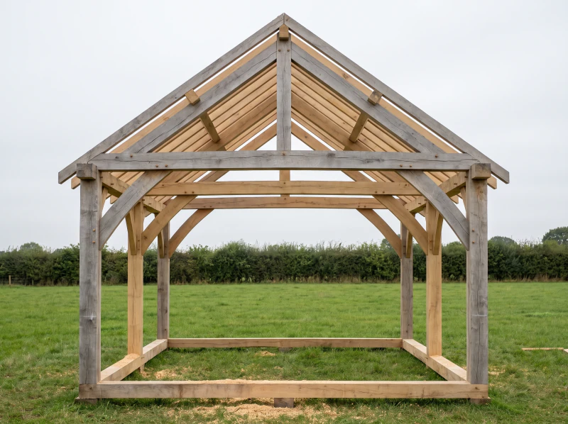A single bay green oak workshop frame with its roof timbers on, seen through the gable