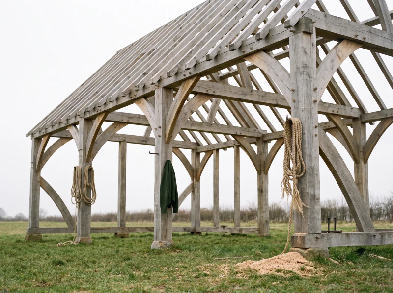 A raised green oak barn frame standing open in a field