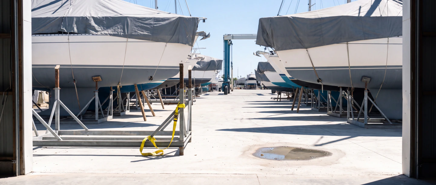The yard from the shed door, cradled boats and the hoist at the far end
