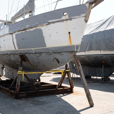 The bow of Ferrous Lark, new plating in grey primer and a rust streak from the scupper