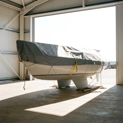 Greyhallow on her twin keels under a grey cover in the shed