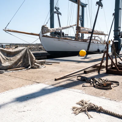 Lantern Gull alongside the pontoon with the hoist slings hanging above her