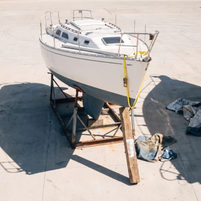 Windlestraw bow on, mast out, one yellow strap over the bow