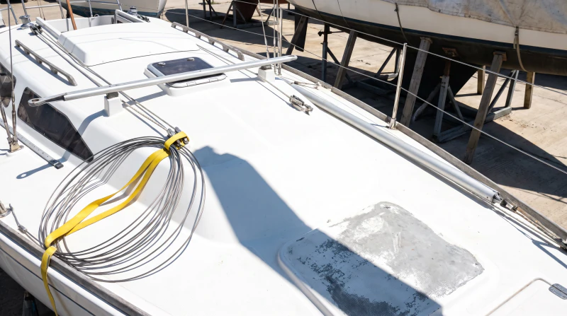 Windlestraw's deck with the mast out and the standing rigging coiled under a yellow strap