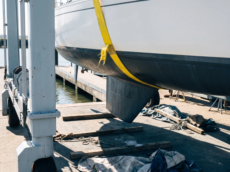 A hull in hoist slings above the water at the yard pontoon