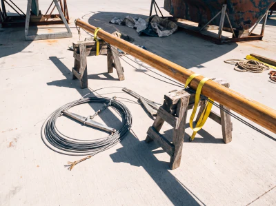 A mast laid on trestles with its standing rigging off for inspection.