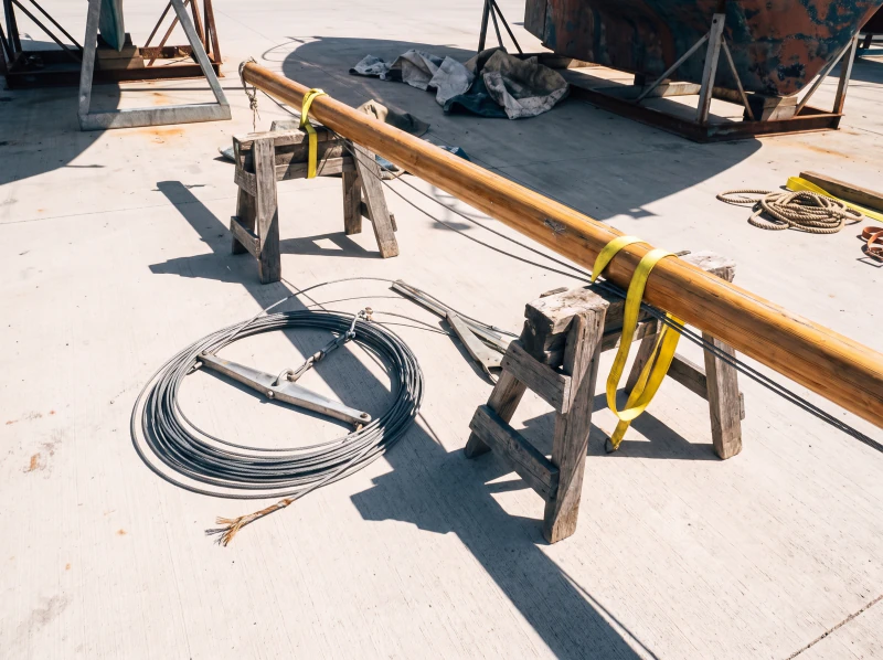A mast laid on trestles with the rigging coiled beside it