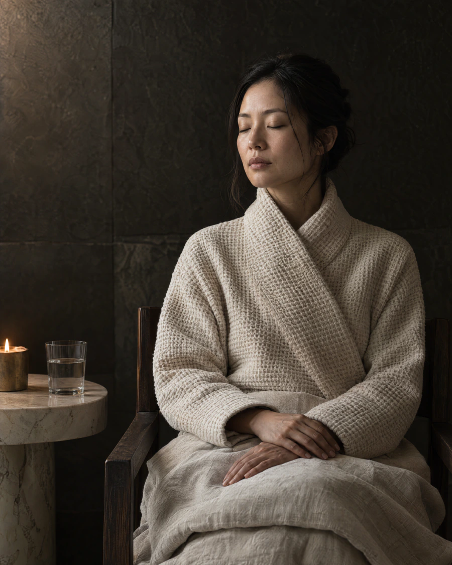 A guest rests in a low chair in the quiet room, wrapped to the neck in a heavy cream robe, her eyes closed.
